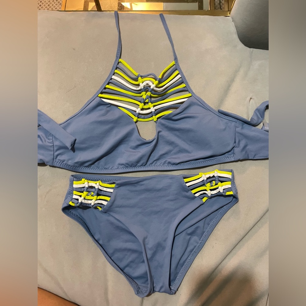 Becca brand halter top bikini. Grey with white and green neon accents.